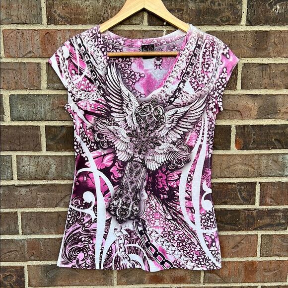 Sara Mode Y2K Pink Black White Graphic Cross Angel Wing Studded Bling Top Large - Picture 1 of 11